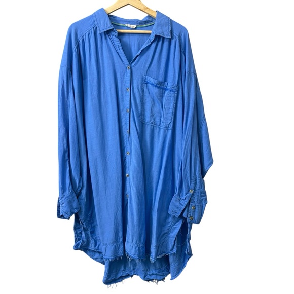 Pilcro Tops - PILCRO Blue Oversized Button Down Fringe Shirt Women’s Size Large